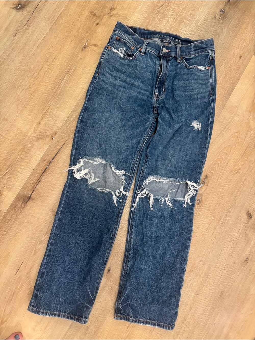 American Eagle Outfitters Dark Blue Distressed Straight-Leg Jeans